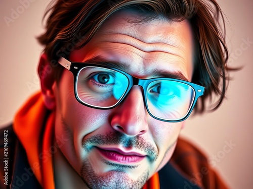 Close-Up Portrait of Man Wearing Glasses in Colored Light