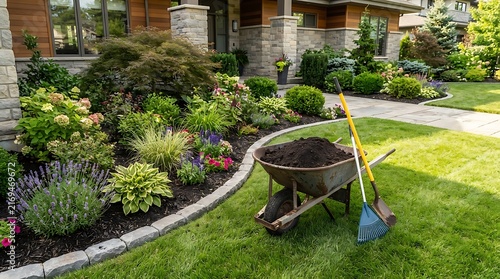 Wheelbarrow filled with fresh soil and gardening tools placed on a lush green lawn in front of a beautifully landscaped home garden bed