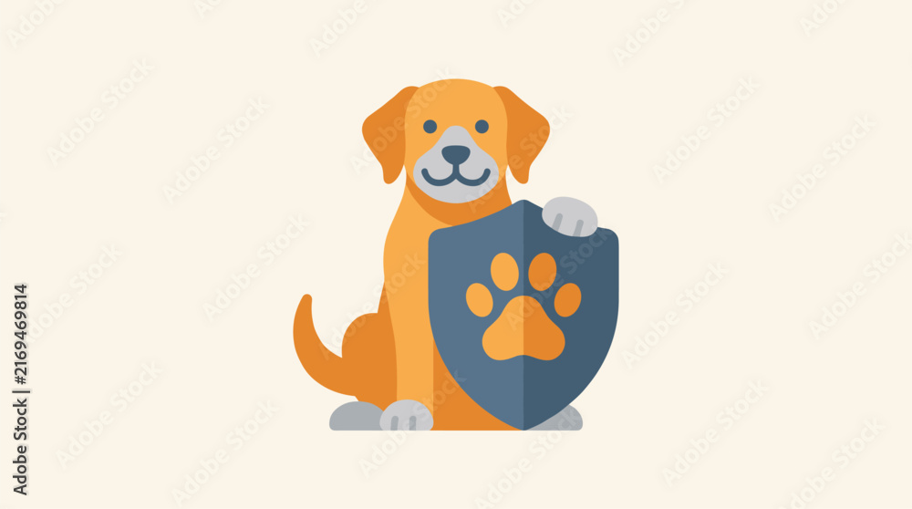 Obraz premium Flat design illustration of a dog holding a shield with a paw print, representing pet insurance or protection