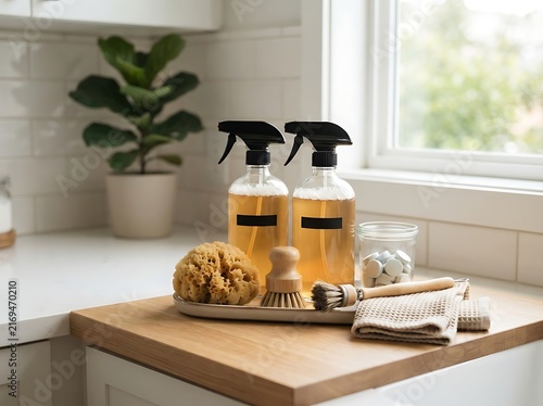 Ecofriendly cleaning supplies with glass spray bottles, natural sponge, wooden brushes, and cleaning tablets on a wooden kitchen counter near a window