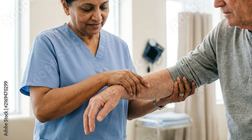 Nurse assisting elderly man with physical therapy for arm recovery
