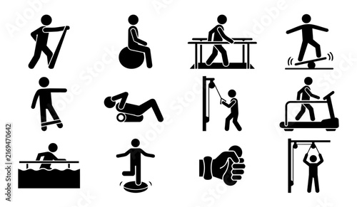 Foto Physiotherapy Rehabilitation Exercise Equipment Silhouette Icon Set