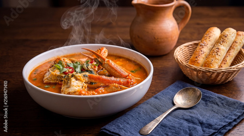 A delicious steaming bowl of gourmet seafood bisque with crab legs and crunchy breadsticks, perfect for celebrating a cozy crab soup day at home