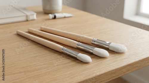 Three clean artist paint brushes with wooden handles arranged on a light wooden desk surface with art supplies in the background