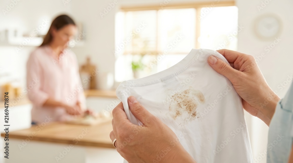 Obraz premium Close up of a housewife holding a white t-shirt with a brown dirt stain on the fabric.