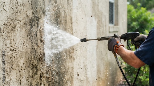 Professional pressure washing a dirty stucco wall of a residential house, removing grime and mold with a highpressure water spray nozzle