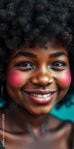 Smiling Woman Portrait with Curly Hair and Pink Makeup