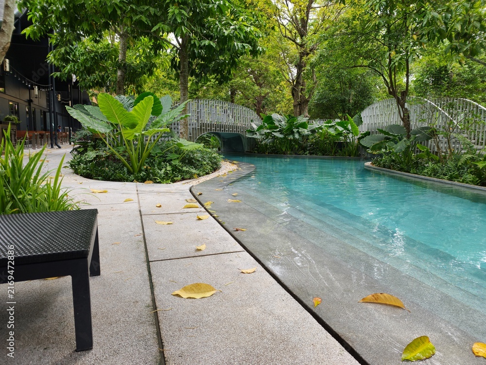 Obraz premium A low-angle shot of a serene outdoor swimming pool designed to resemble a natural river channel, surrounded by lush green tropical plants, foliage, and small decorative footbridges in a resort setting