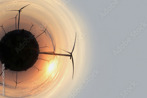 Conceptual 360 Degree Little Planet of Wind Turbine Farm at Sunset