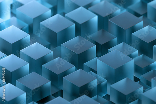 Abstract background of glowing blue cubes in a 3D grid pattern. Technology or data concept for digital design.
