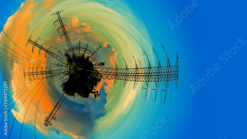 Conceptual 360 Degree Little Planet of High Voltage Power Lines at Sunset