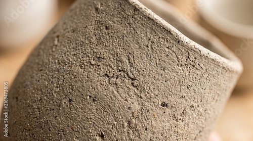 Canvas Print Detailed macro closeup of curved stoneware ceramic vessel displaying speckled sa