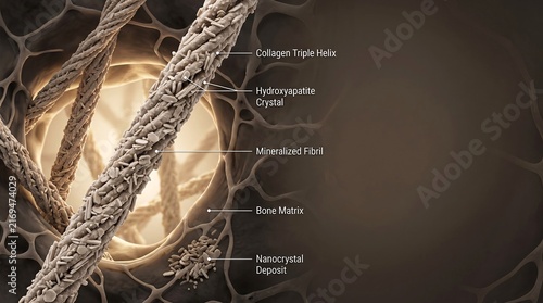 3D medical illustration of bone matrix showing collagen triple helix and hydroxyapatite crystals