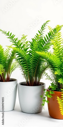 Lush Green Ferns in Modern Pots on White Background