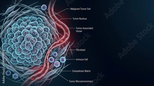 3D medical illustration of malignant tumor cells and microenvironment with blood vessels and fibroblasts