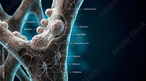 3D Medical Illustration of Bone Cells and Trabecular Structure with Osteoblasts and Osteoclasts