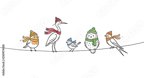 Cute winter birds wearing hats and scarves sitting on wire doodle illustration