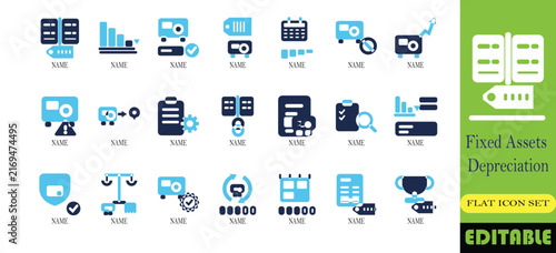 Fixed assets and depreciation icon set. Asset register, depreciation schedule, capital expenditure and asset disposal solid glyph vector symbols