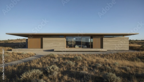 Wide exterior architectural photograph of a contemporary single family residential house situated on a dry hillside
