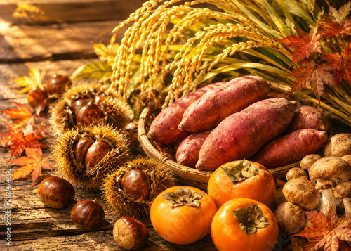 Rustic Autumn Harvest Still Life with Chestnuts, Sweet Potatoes and Persimmons