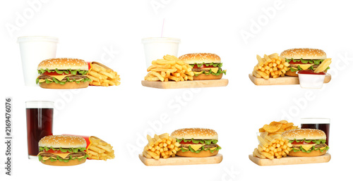 Set of fast food mini compositions isolated on transparent background. High quality food photography collection featuring burgers, fries, snacks and popular takeaway foods