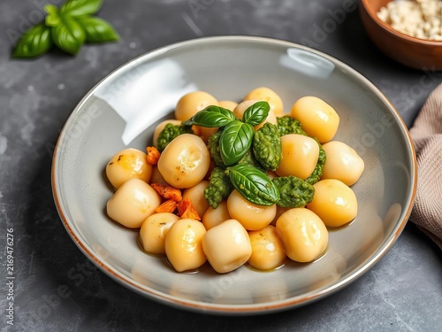 Potato Dumplings with Basil Pesto in Ceramic Bowl