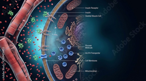 3D medical illustration of insulin receptor and glucose transport into skeletal muscle cell