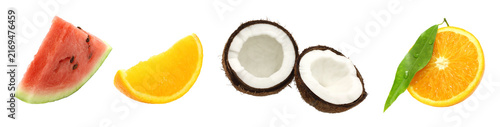 Set of fruit pieces including watermelon, orange, coconut and mandarin isolated on transparent background. High quality food photography collection for healthy eating, nutrition and food design