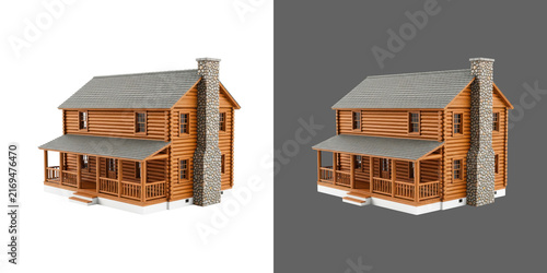 Quadro su tela Rustic brown wooden log cabin house with stone chimney 3d model