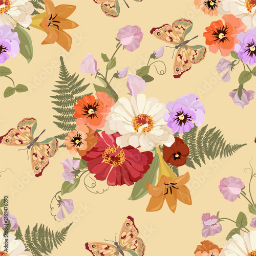 Seamless vector illustration featuring pansies, chrysanthemum and butterflies. Suitable for use in textiles, packaging, and paper.