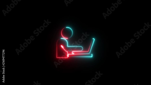 The blinking neon light of stick figure using smartphone in restroom icon in the black background.