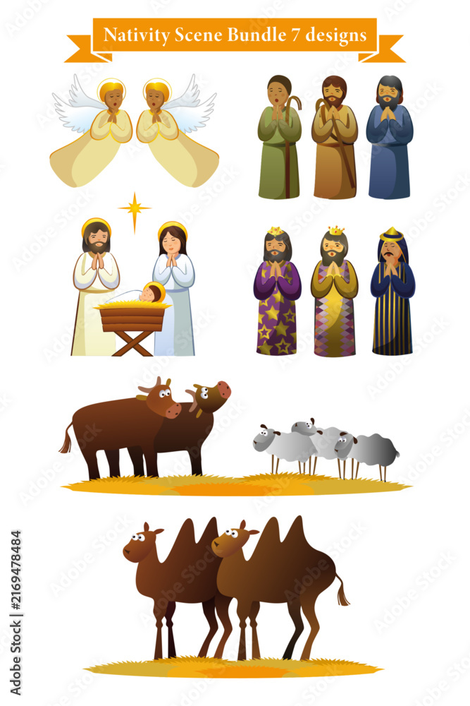 Fototapeta premium Set of Holy Christmas Nativity scene - angels, wise men, shepherds, Mary, Joseph and Jesus. Vector xmas bundle with baby Jesus in a manger with Mary and Joseph, star, shepherds, three wise men, camels
