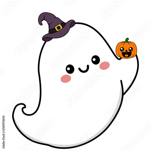 фотографія Cute cartoon ghost wearing a witch hat holding a pumpkin