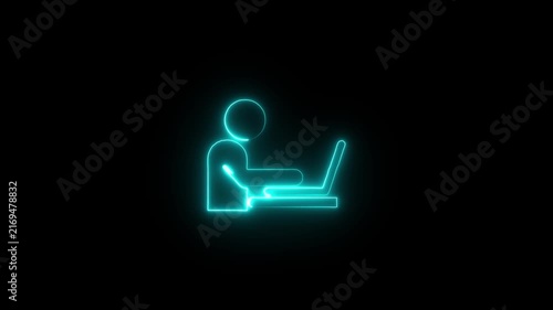 The blinking neon light of stick figure using smartphone in restroom icon in the black background.