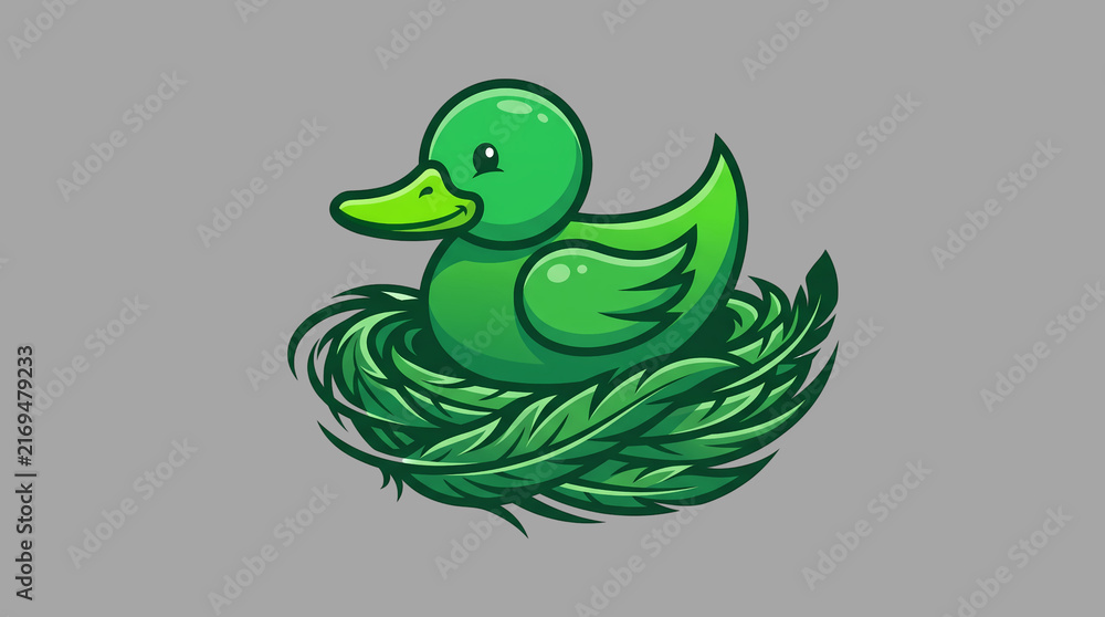 Fototapeta premium Green Duck Nesting Logo. Cute Waterfowl Bird Resting in Natural Grass Nest. Wildlife Nature Branding and Animal Mascot Design. Playful Modern Vector Illustration