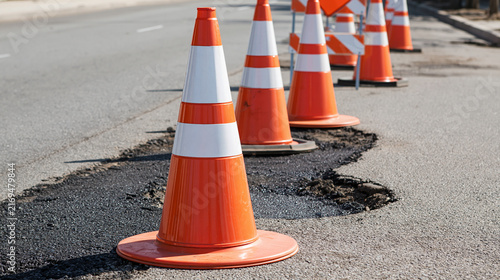 Fresh asphalt patches fill repaired potholes inside a clearly marked roadwork zone with cones and generic warning signs, bright daylight, clean street surface and visible resurfacing