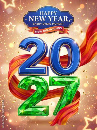 Happy new year 2027, new year, celebration greeting card, new year card - Year 2027 in sparkler font and firework fireworks pyrotechnics,