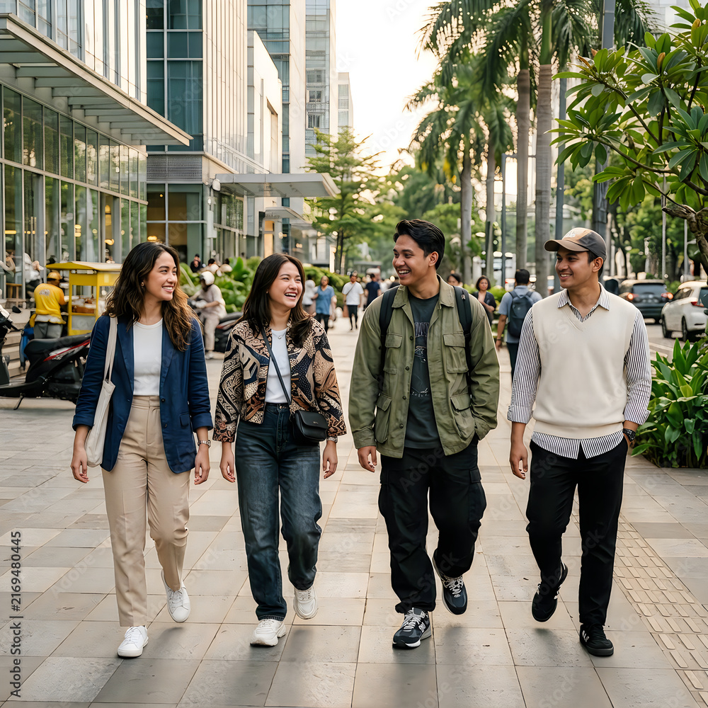 Fototapeta premium Four people walking together in a city street