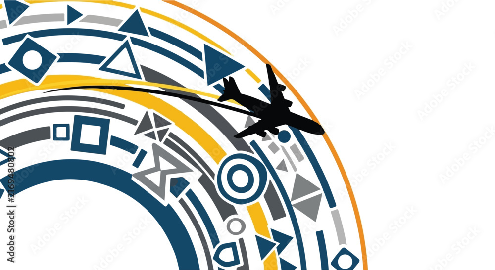 Naklejka premium Airplane flying through abstract geometric patterns and concentric circles.