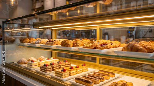 Assorted fresh pastries and cakes displayed in a modern bakery glass showcase