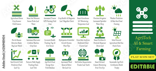 AgriTech AI and smart farming icon set. Crop scanning drone, soil moisture sensor, precision irrigation and harvest yield solid glyph vector symbols