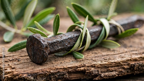 A Rusty Nail Wrapped with Olive Branch: A weathered, rusty nail lies on a rough wooden surface, intricately entwined with a fresh green olive branch, symbolizing sacrifice and peace.