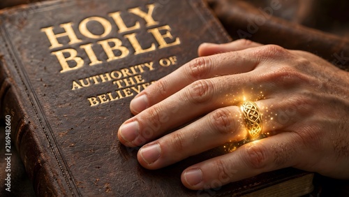 Faithful Oath: A hand adorned with a sparkling ring rests upon the Holy Bible, symbolizing a sacred vow or commitment.