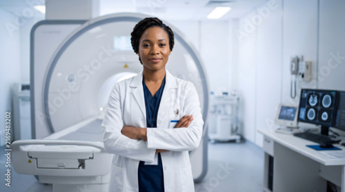 Medical, Radiologist, Confident African American female doctor standing in front of an MRI machine in a white coat