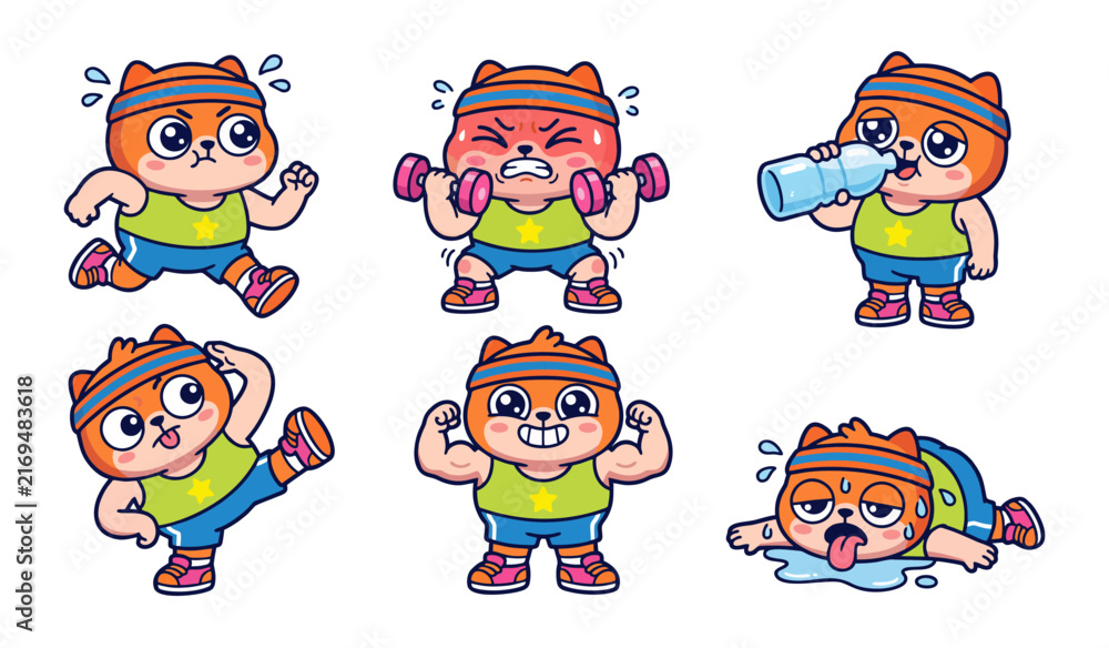 Fototapeta premium Cute fitness cat character set with gym workout poses