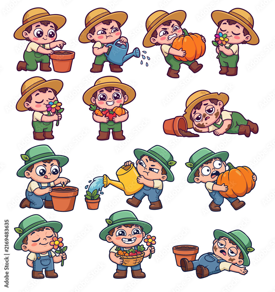 Fototapeta premium Cute farmer boy character set with gardening expressions
