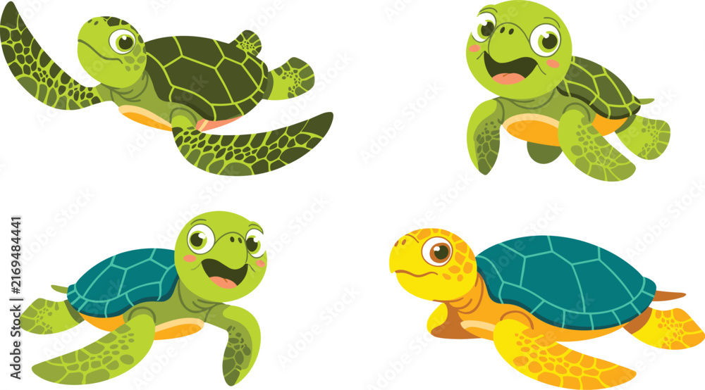Fototapeta premium Cute Sea Turtle Character Vector Illustration Set with Various Swimming poses and Happy Expressions for Marine Biology and Ocean Animals Designs
