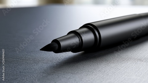 Detailed macro view of a black calligraphy brush pen resting on a textured gray surface showing the fine bristle tip for artistic ink drawing and lettering tasks