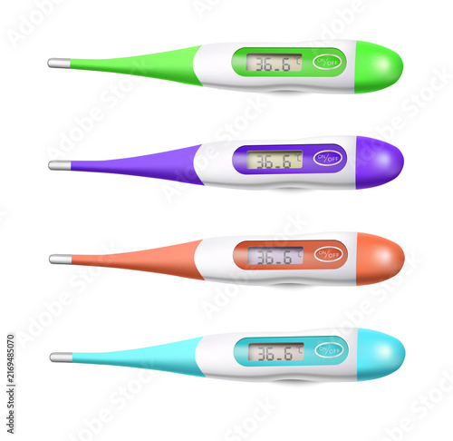 Four colorful digital thermometers for medical use on transparent background
