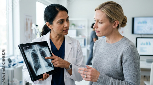 Doctor explains lung x-ray results to concerned patient in clinic